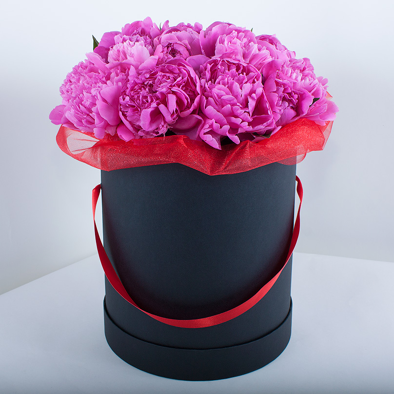 Фото Розовые пионы в черной коробке
